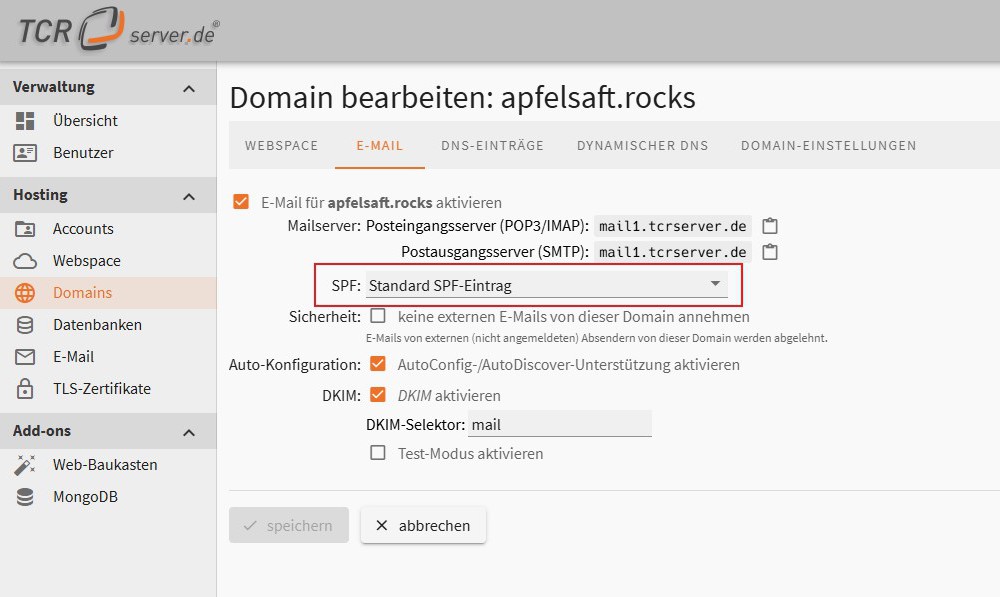 Screenshot: Domain → E-Mail mit „Standard SPF-Eintrag“