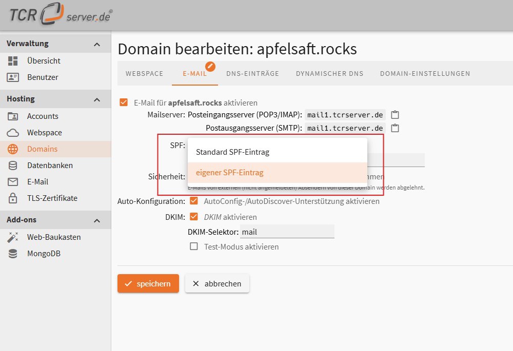 Screenshot: Auswahl zwischen „Standard SPF-Eintrag“ und „eigener SPF-Eintrag“