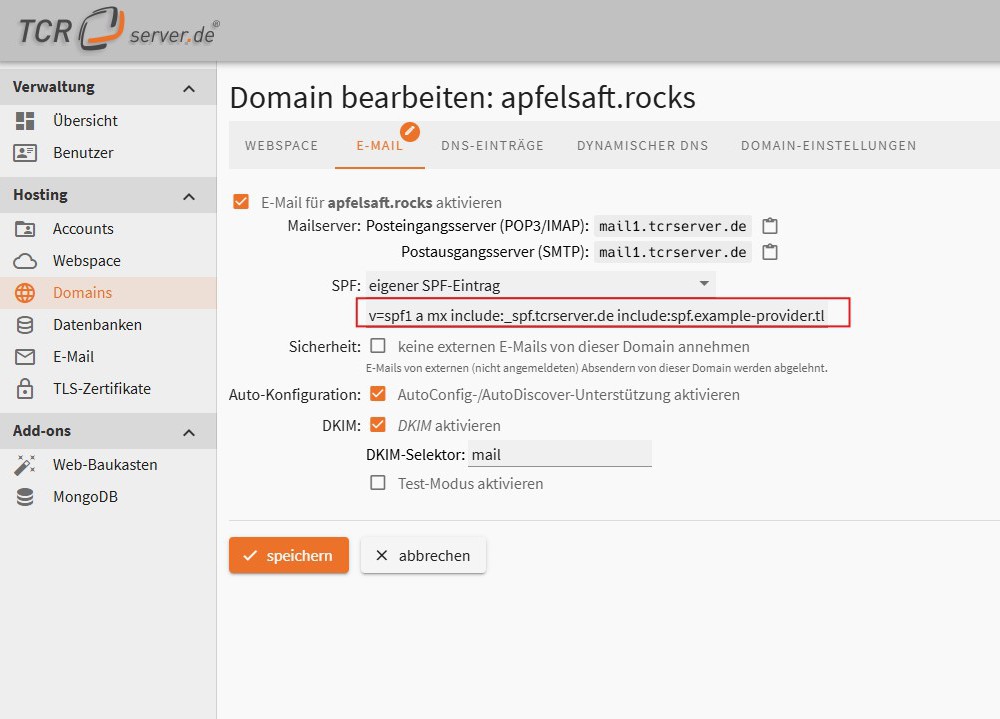 Screenshot: „eigener SPF-Eintrag“ mit Eingabefeld